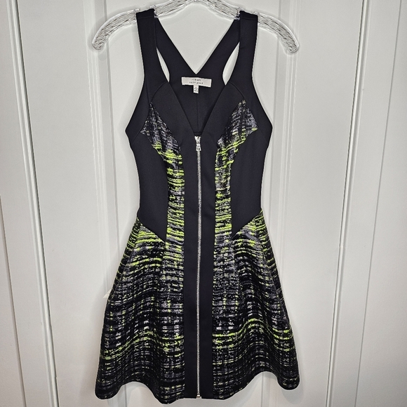 Women's Jaquard Zip Front Black Green A-Line Mini Formal New Years Dress Size 2 - Picture 4 of 11